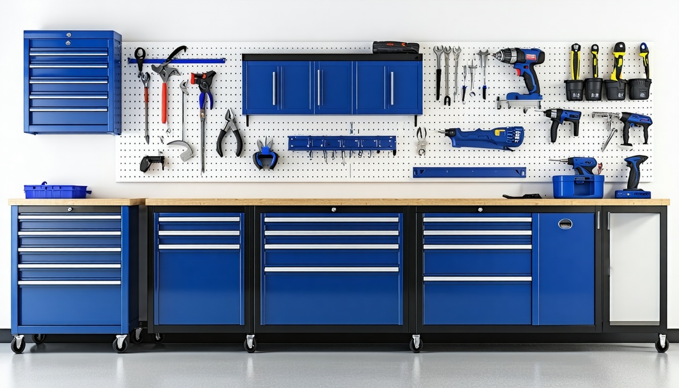 Garage storage system with cabinets and tool racks