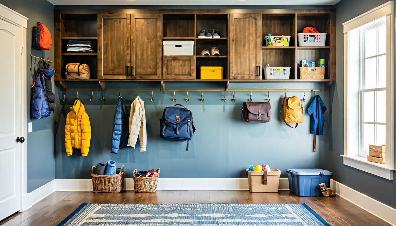 Modern mud room with cubbies and hooks for family organization