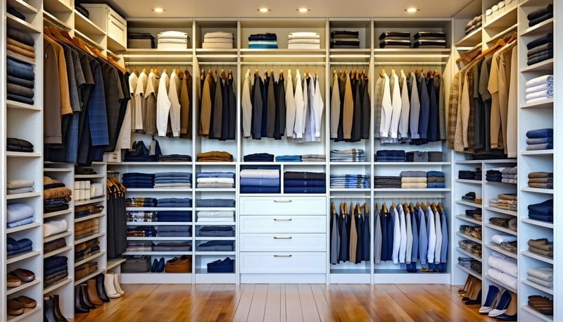 Custom-designed closet with organized shelves and storage solutions Custom-designed closet with organized shelves and storage solutions